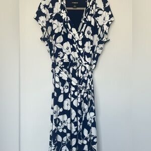 Liz Claiborne Blue and White Maxi Faux Wrap Dress with Flutter Cap Sleeves